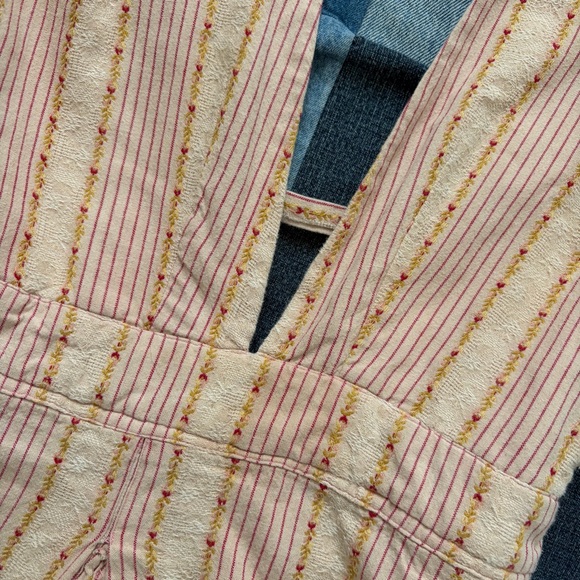 vtg 70s dress ruffle hem deep vneck striped embroidered pink cream green - Picture 4 of 11